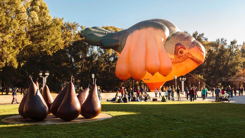 The Skywhale hot air balloon tethered outside the National Gallery of Australia.