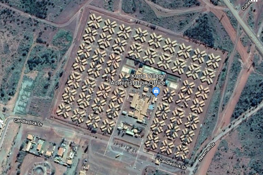 An aerial photo of a workers camp
