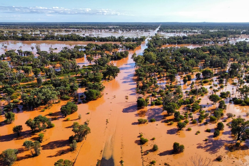 Aerial of flooding at Toompine in Queensland with water over roads and among trees