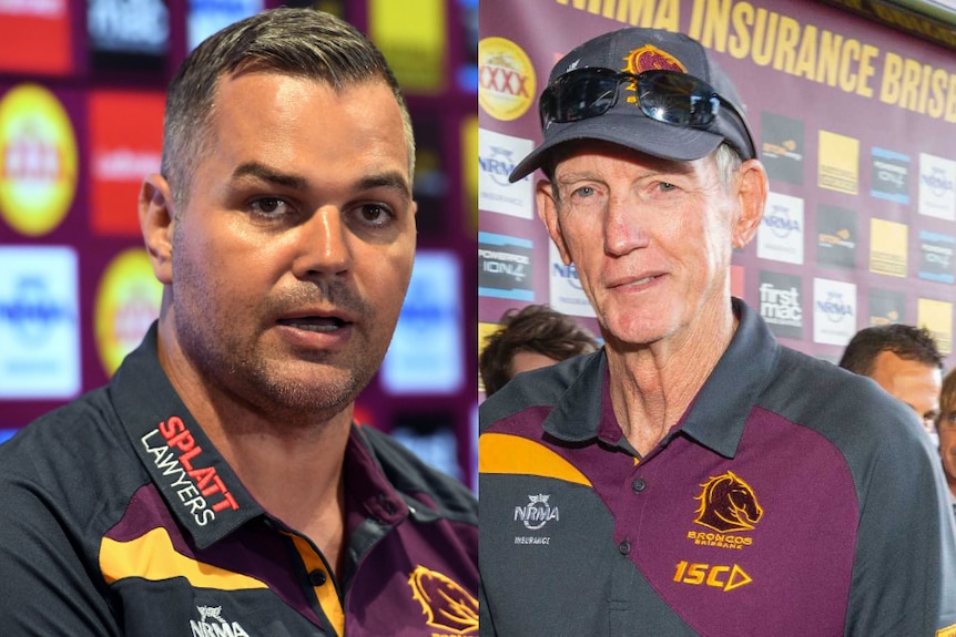 Composite photo of Brisbane Broncos coach Anthony Seibold and his predecessor Wayne Bennett.