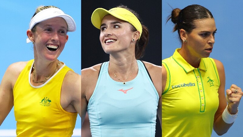 A split image of three Australian women's tennis players, the wearing Australian colours and the one in the middle in aqua.
