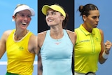 A split image of three Australian women's tennis players, the wearing Australian colours and the one in the middle in aqua.