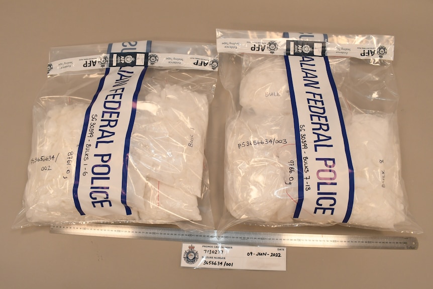A supplied police photo showing two Australian Federal Police evidence bags full of a white substance.