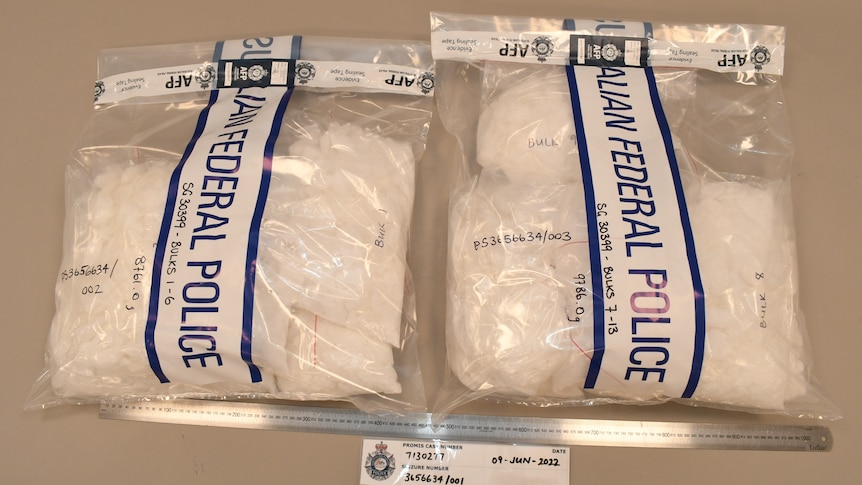 A supplied police photo showing two Australian Federal Police evidence bags full of a white substance.