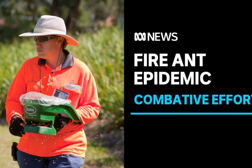 Fire Ant Epidemic, Combative Effort: A worker in orange high-vis patrols a grassy setting.
