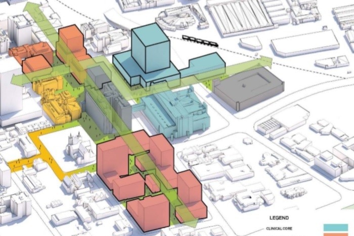 A basic design graphic of one proposed design for a rebuild of Royal Perth Hospital, featuring a new 400-bed hospital.