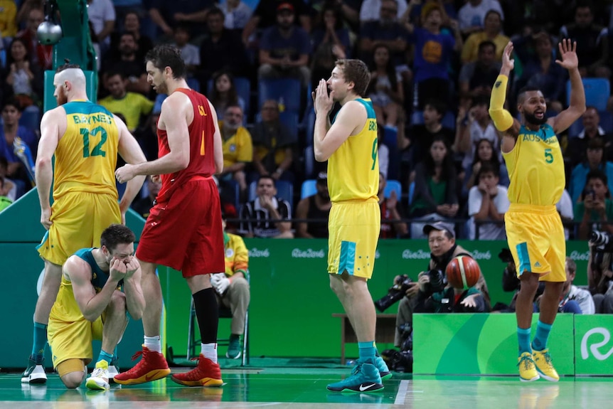 Patty Mills is called for a foul in the dying seconds of the bronze-medal basketball match at Rio 2016