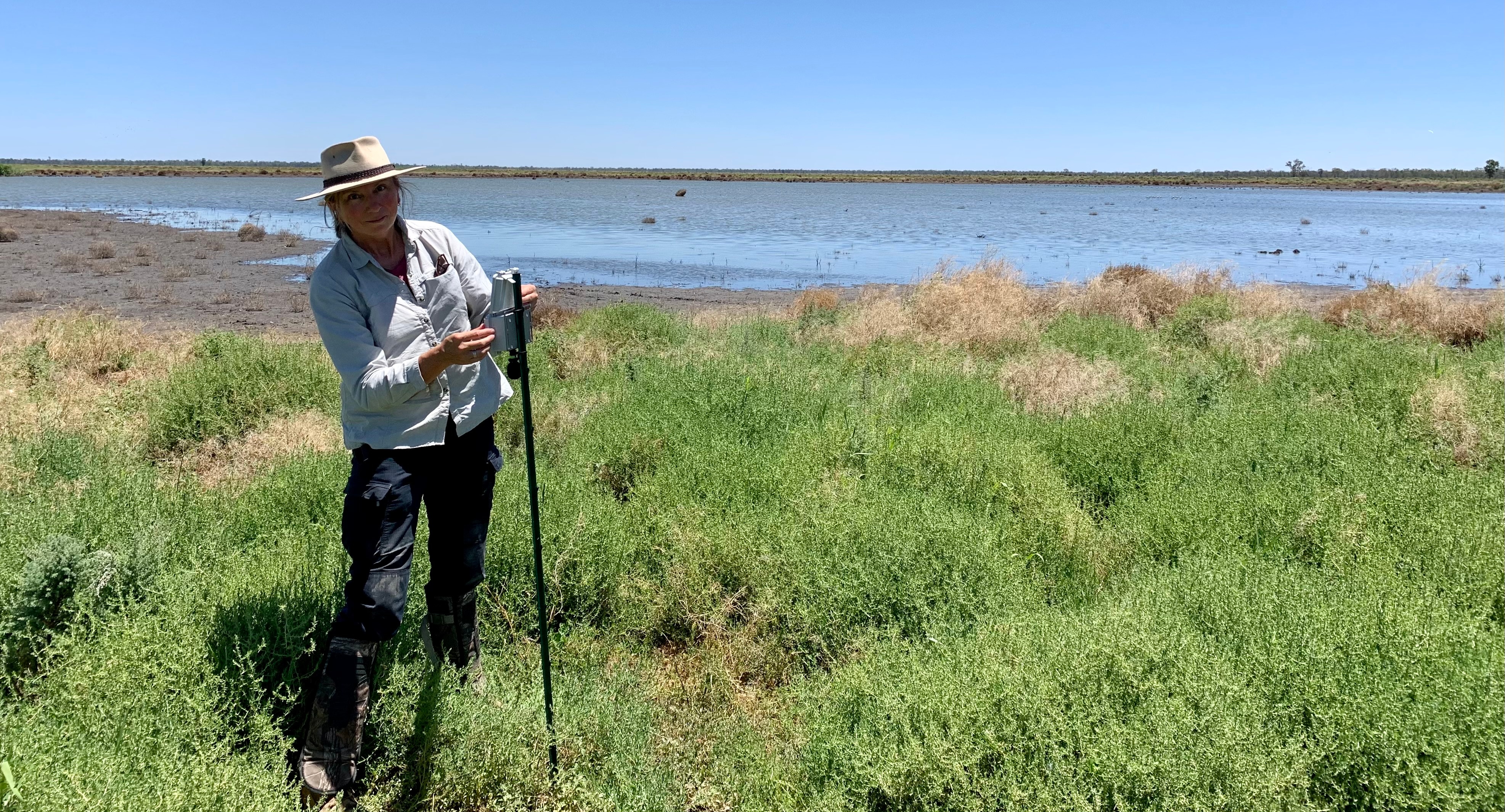 A woman with survey equipment in the field.
