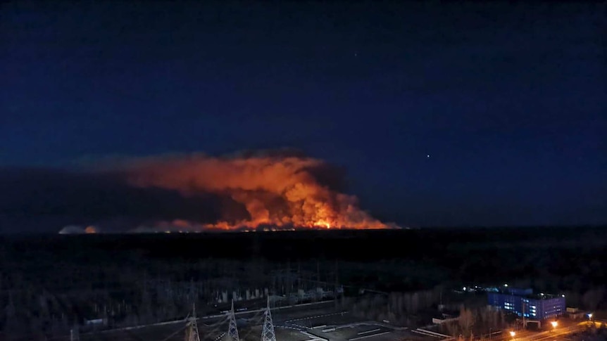 Chernobyl fire from the roof of the old power plant