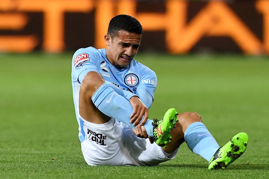 Tim Cahill holds his injured ankle