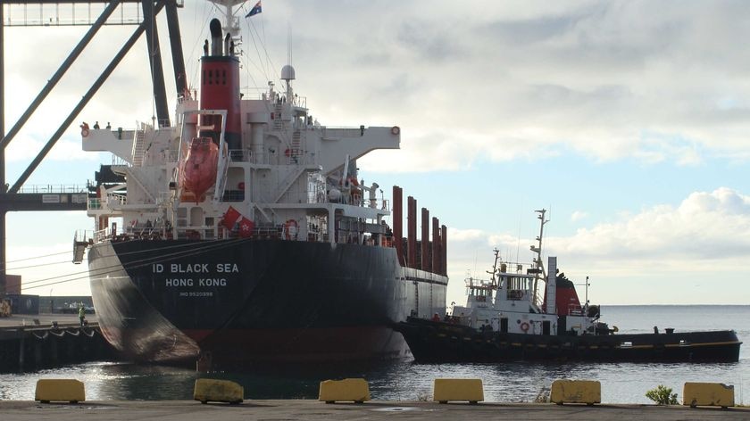 Freight ship arrives at Burnie port.