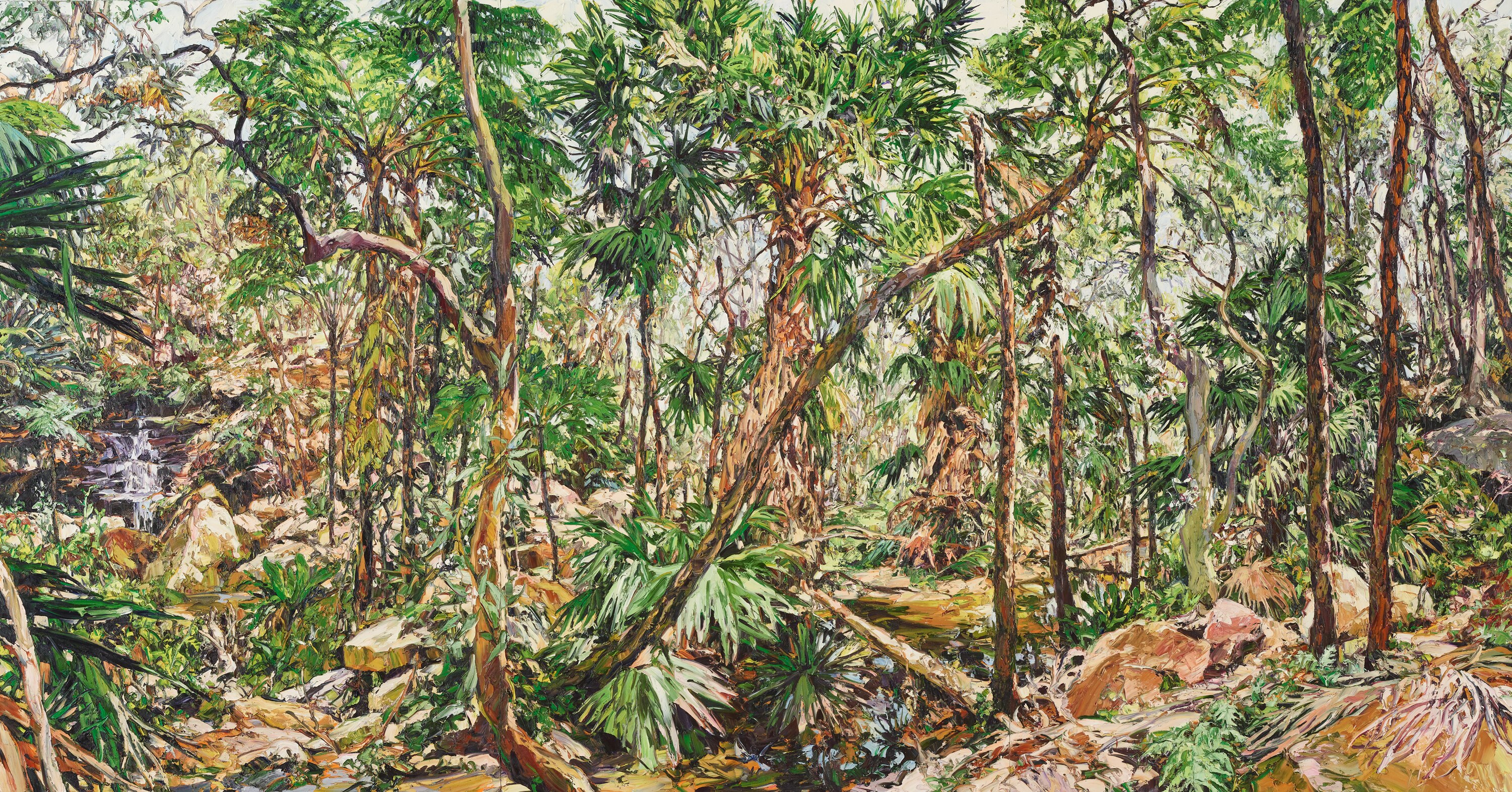 A painting of rich forest, including trees, plants and a waterfall, with lush shades of green