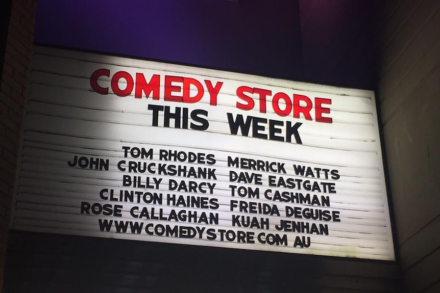 Names on a billboard advertising the Comedy Store venue