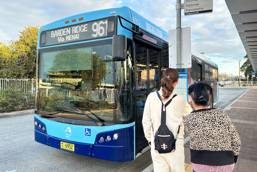 A blue bus at a bus stop with two people looking at a timetable.
