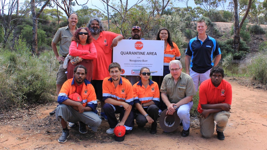 Indigenous rangers and management pose for a photo around the quarantine area sign in front of a dam