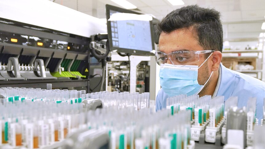 A man in science goggles and a mask looks over testing samples. 