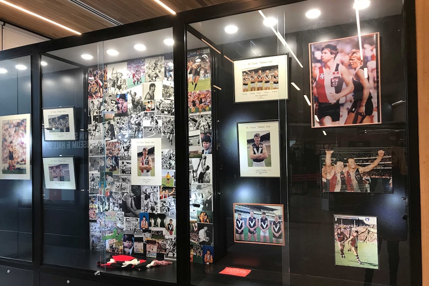 Framed photographs and a photo wall are spread over three glass cabinets in the foyer of the St Kilda Football Club.