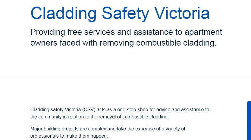 A screenshot of a website titled 'Cladding Safety Victoria' with text describing a "one-stop-shop" for removing cladding.