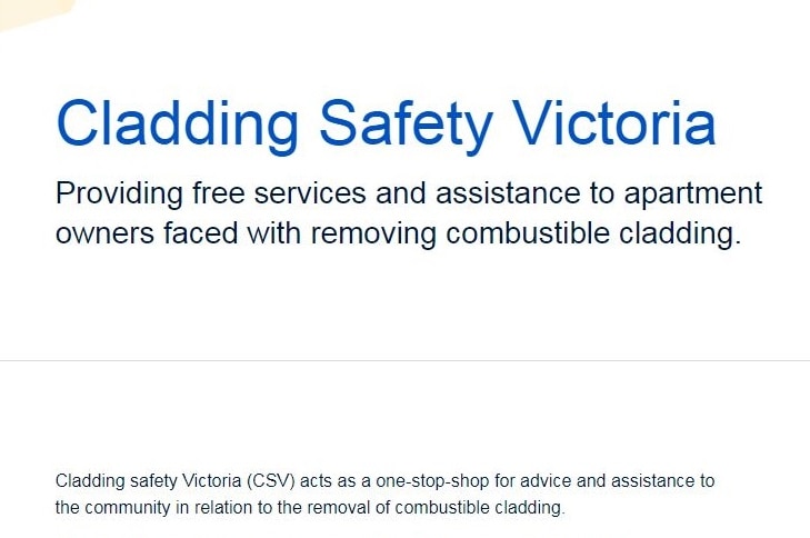 A screenshot of a website titled 'Cladding Safety Victoria' with text describing a "one-stop-shop" for removing cladding.