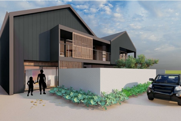 An artist's depiction of the proposed home, with sleek black panels and modern woodwork.