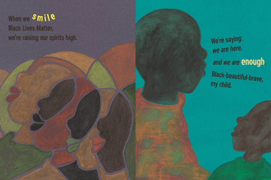 A children's book illustration of a group of people and two Black children with the words "we we smile Black Lives Matter..."