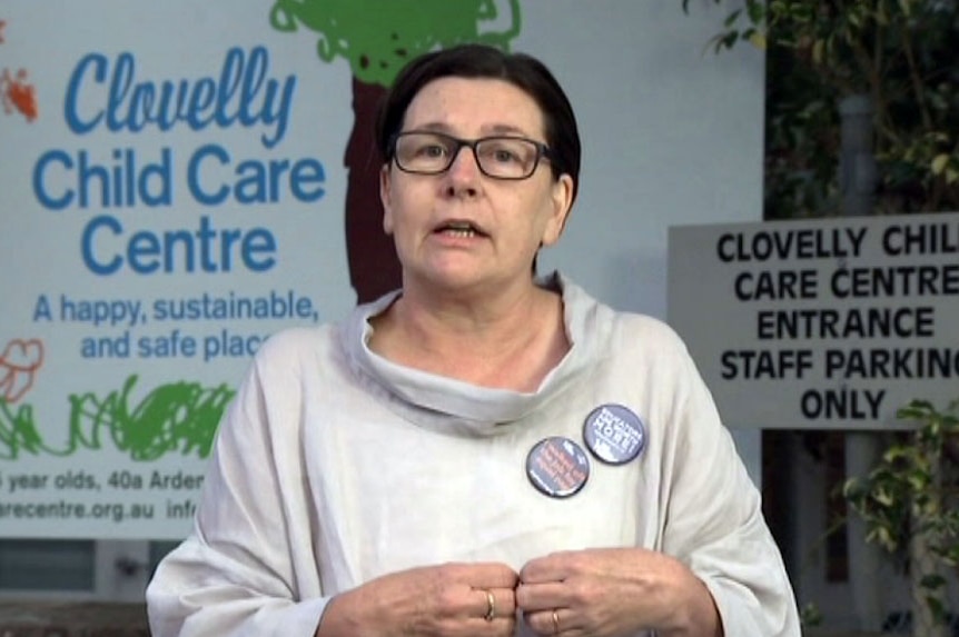 Margaret Carey speaks outside the Clovelly Child Care Centre in Sydney.