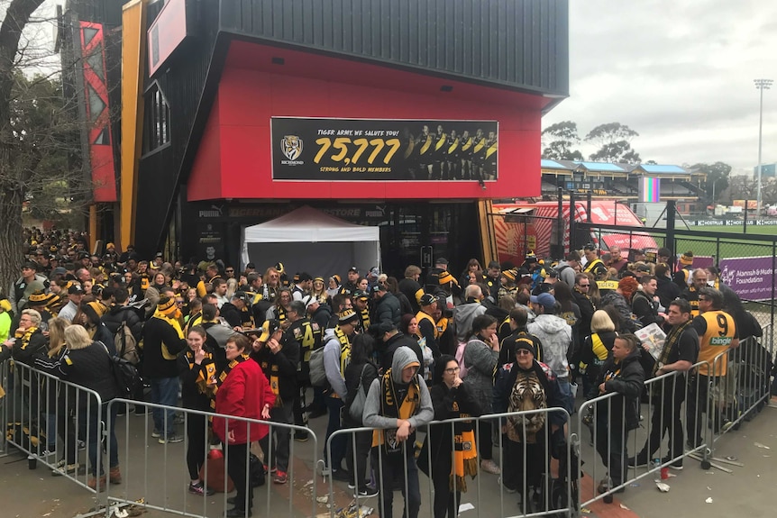 Fans queuing outside Richmond's home ground at Punt Road Oval.
