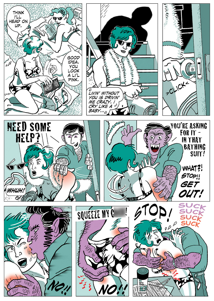 An excerpt from comic Got Over It by Lee Marrs featuring green, black and white graphics and drawn figures of men and women.