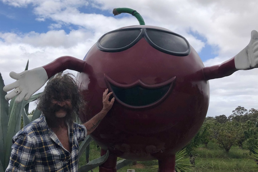 Big Cherry farm owner Joe Campanelli with the 'Big Cherry' statue in Wyuna