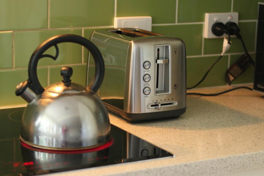 A kettle and a toster on a kitchen bench. 