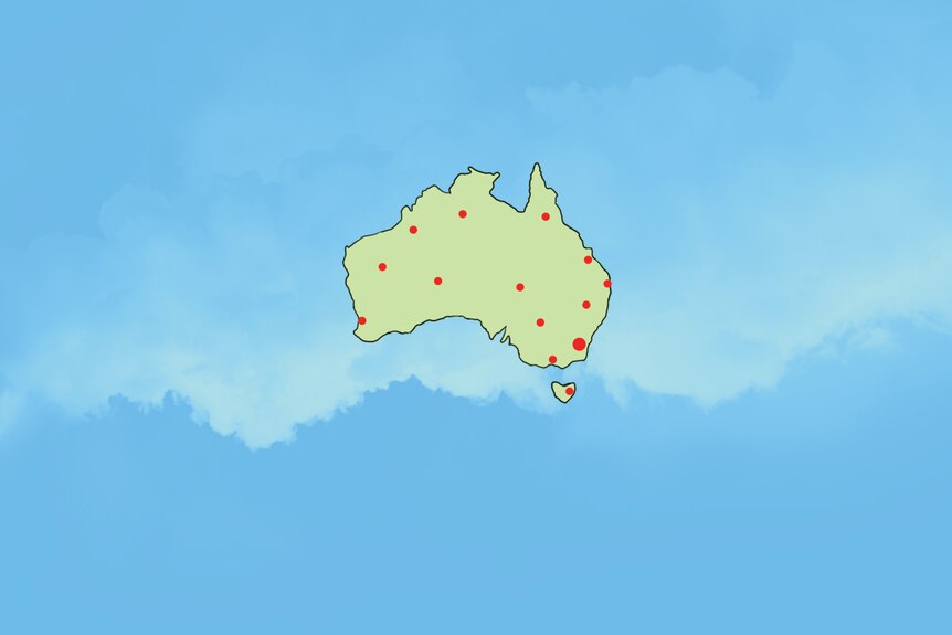 A map of Australia with dots of different sizes scattered around, representing people who vape.