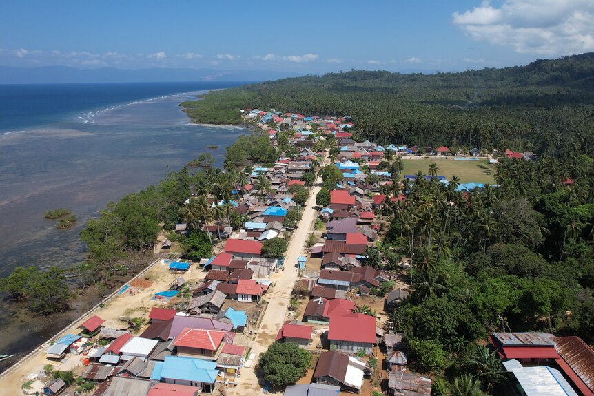 An aerial view of a strip of coast and a small village on an Indonesian island. 