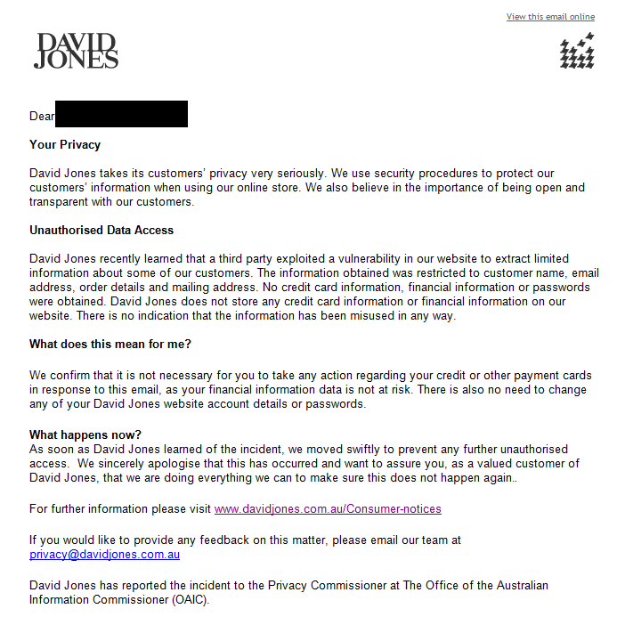 The letter David Jones sent to customers revealing the privacy breach