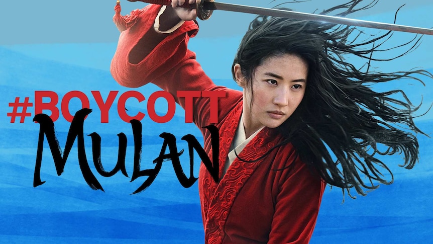 Photo of Yifei Liu as Mulan in action pose, text saying #Boycott Mulan.