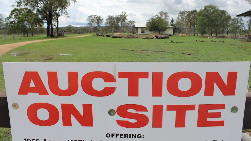 A close-up of an auction sign, with a paddock and house in the background.