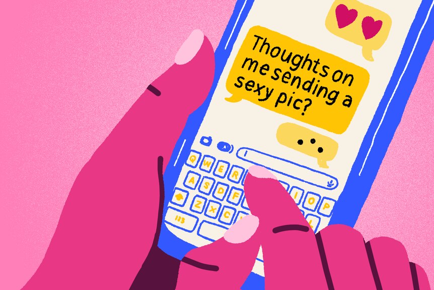 Illustration of hand holding phone with text about sending a sexy photo