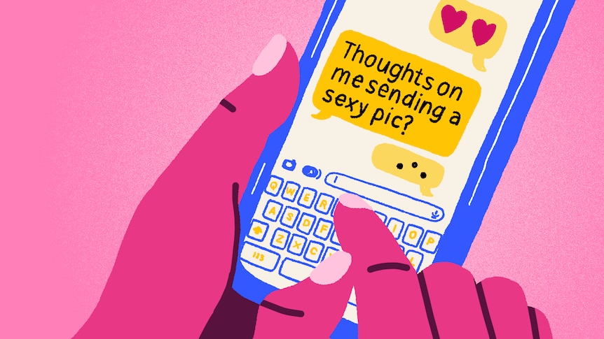 Illustration of hand holding phone with text about sending a sexy photo