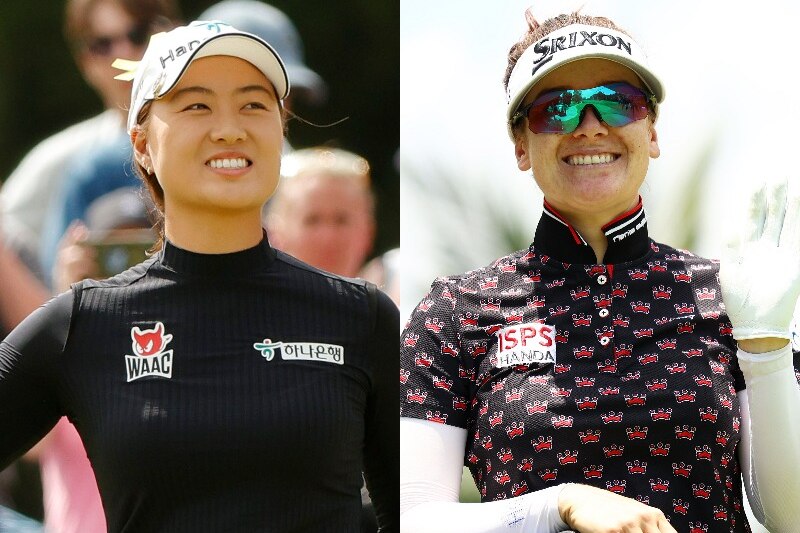 A composite image of Minjee Lee and Hannah Green smiling on a golf course