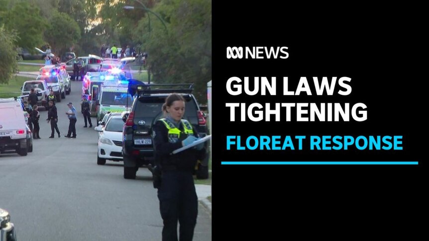 Gun Laws Tightening, Floreat Response: Police officer with clipboard on street lined with emergency vehicles.