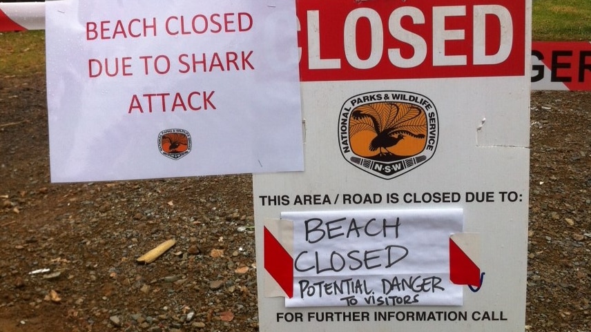 A sign at Booti Booti beach says "closed due to shark attack".