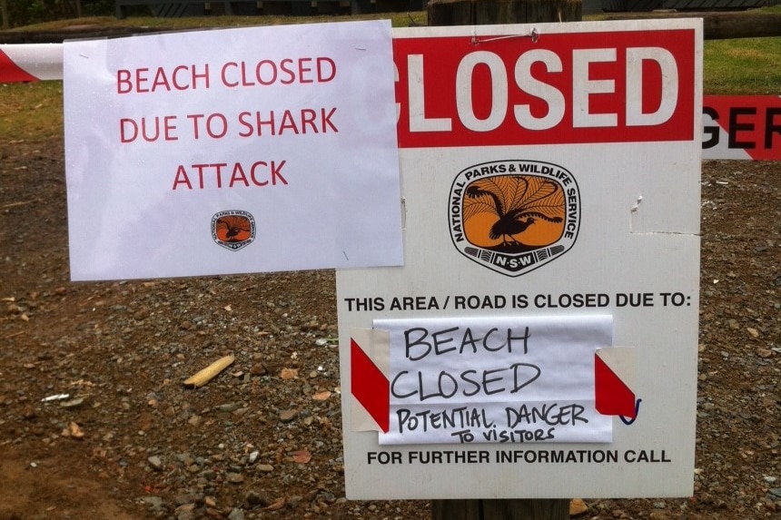 A sign at Booti Booti beach says "closed due to shark attack".