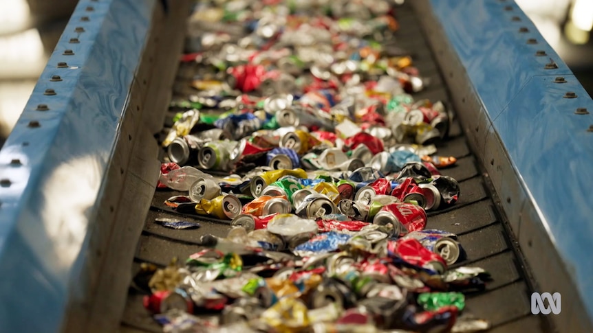 Plastic bottles on a conveyer belt