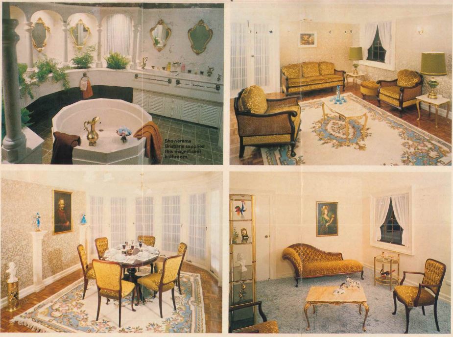 A collection of photos showing the bathroom, dining room and living room of a grand home.