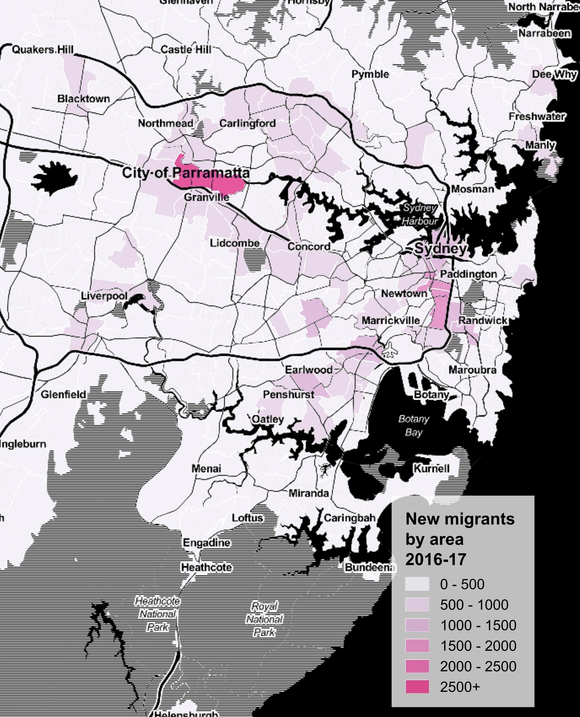 Map of Sydney showing high numbers of migrants settling around the CBD and Parramatta
