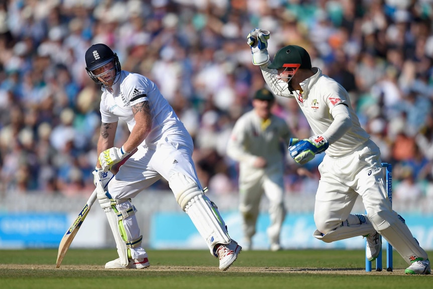 Peter Nevill celebrates his dismissal of England's Ben Stokes at The Oval.