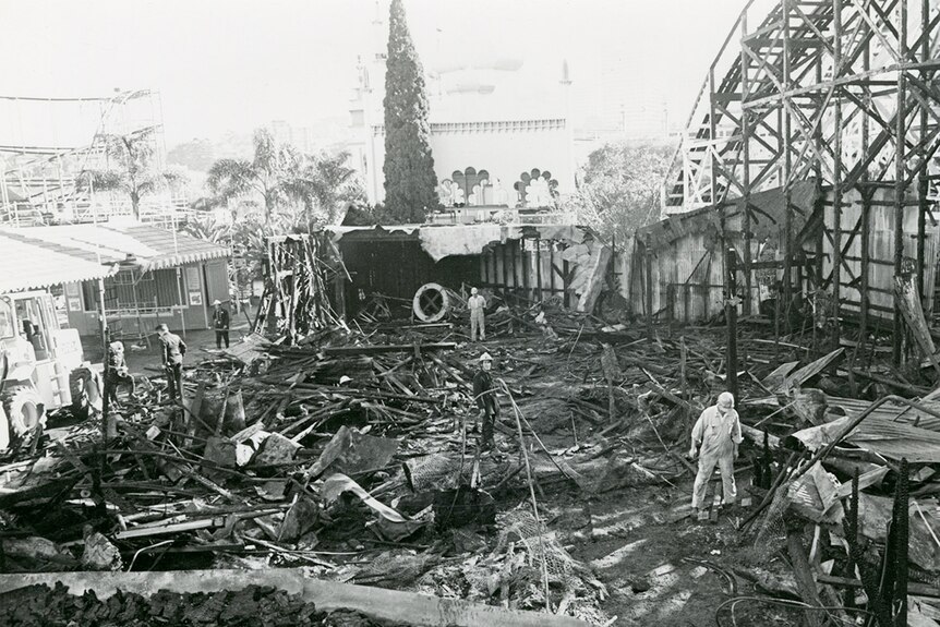 The burnt out wreckage of the Sydney's Luna Park ghost train