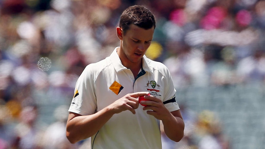 An Australian Test bowler looks down at a pink cricket ball as he uses his finger to shine it.