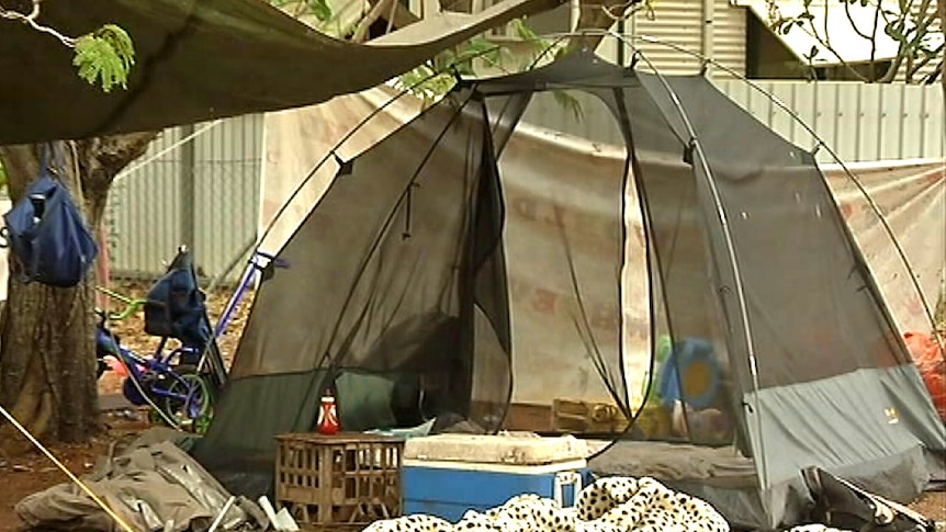 At tent and belongings in a bush camp in Broome, homelessness problem 20 November 2014