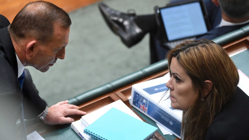 View from above of Tony Abbott speaking with Credlin in the House of Representatives chamber.