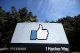 Thumbs up Facebook logo on a big sign with forest behind 